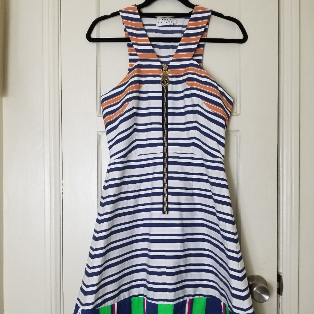 TANYA TAYLOR blue white stripe gold front zipper sleeveless dress